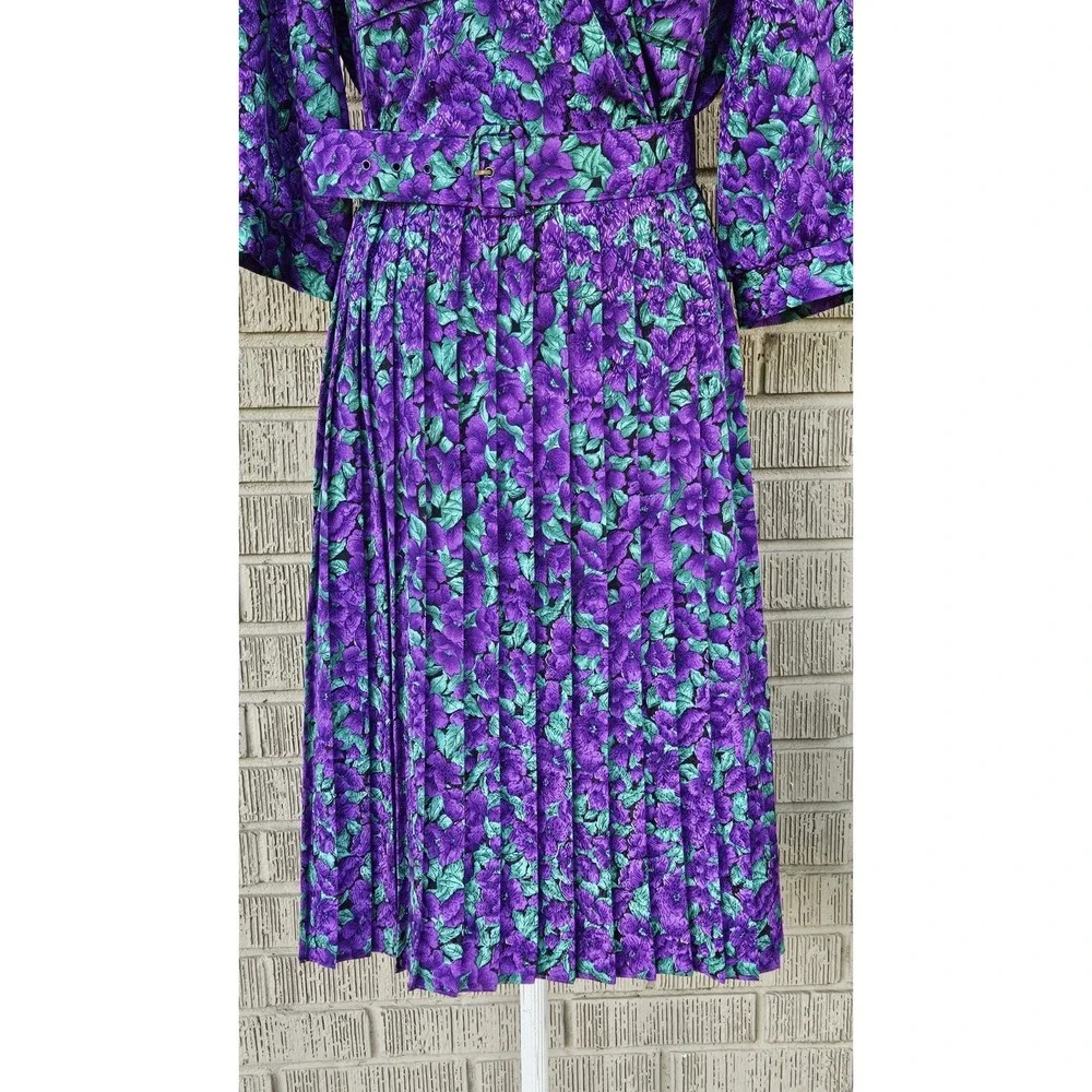 Vintage 80's Breli Original‎ Green & Purple Floral Belted Dress Size:12